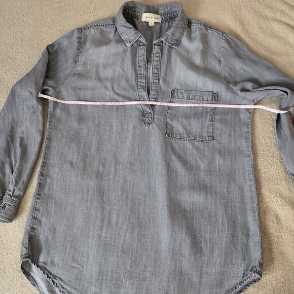 Cloth & Stone Gray Chambray Tunic Top Women’s Size L Long Sleeve V-Neck Pullover - Picture 10 of 13